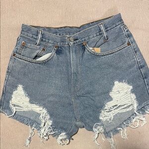 Levi's Blue Distressed Jean Shorts High-Waisted Raw Hem